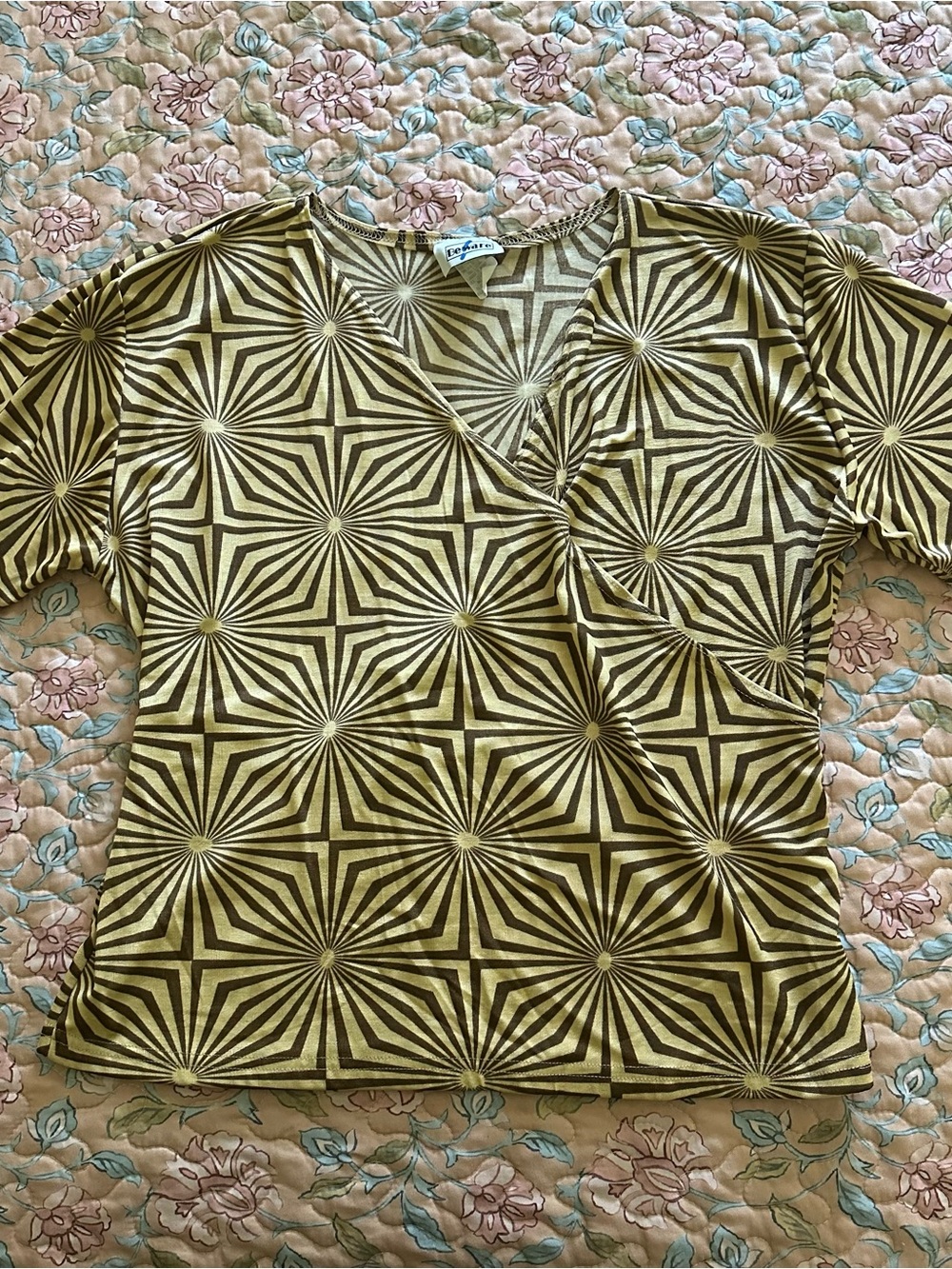 Vintage Made in USA Brown & Tan Geometric Abstract Wrap-Style Women’s Top